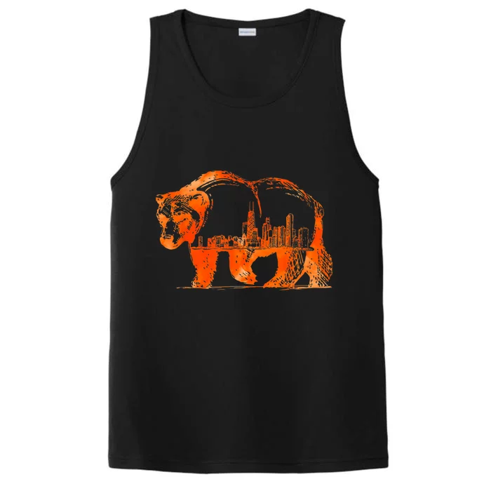 Walking Bear Silhouette Downtown Chicago City Skyline Gift Performance Tank