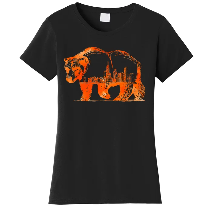 Walking Bear Silhouette Downtown Chicago City Skyline Gift Women's T-Shirt