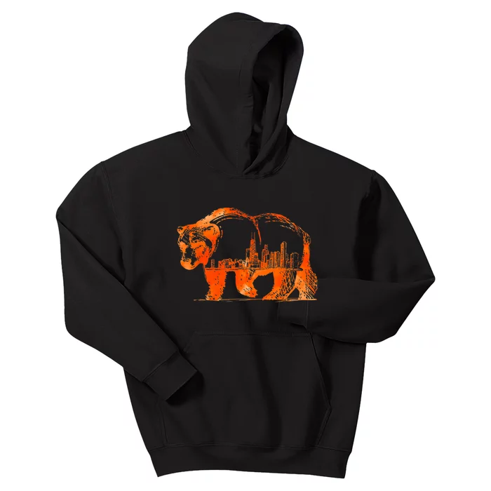 Walking Bear Silhouette Downtown Chicago City Skyline Gift Kids Hoodie