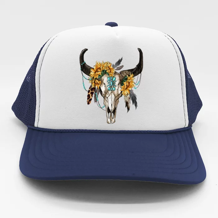 Western Boho Sunflowers Turquoise Cow Bull Skull Trucker Hat