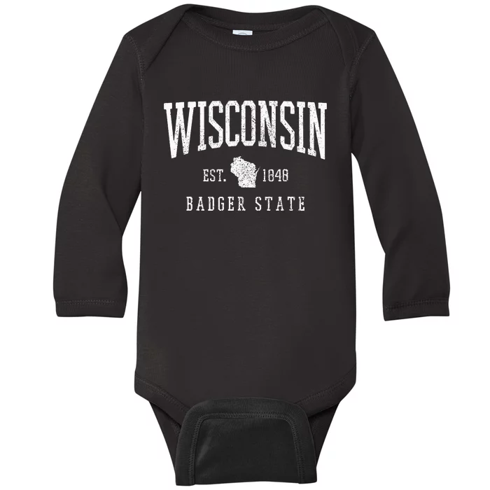 Wisconsin Badger State Est. 1848 State Map Souvenir Gift Baby Long Sleeve Bodysuit