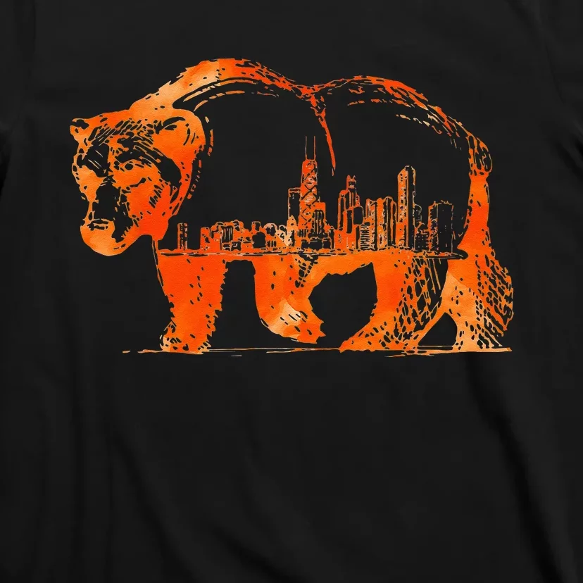 Walking Bear Silhouette Downtown Chicago City Skyline Gift T-Shirt