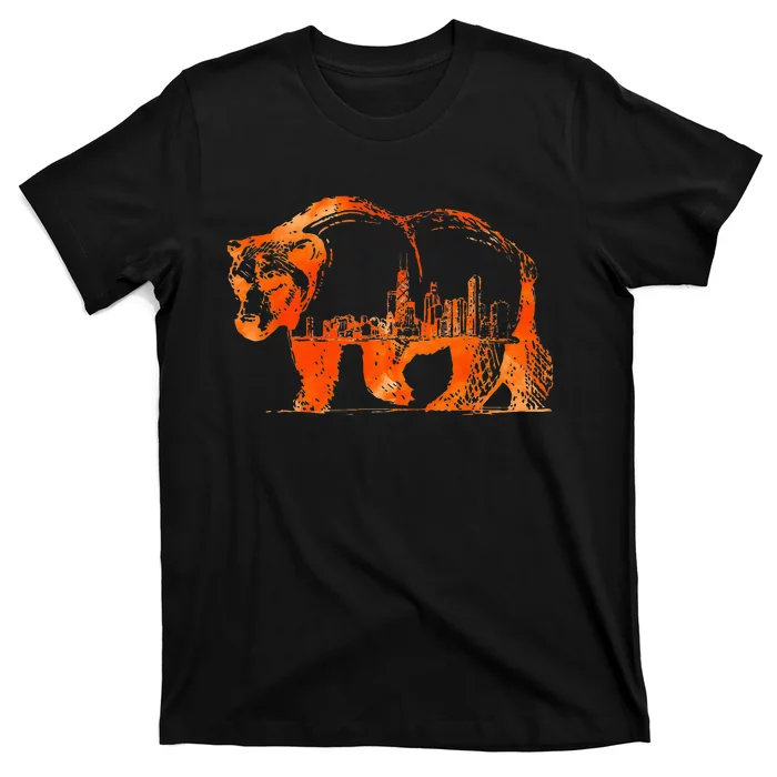 Walking Bear Silhouette Downtown Chicago City Skyline Gift T-Shirt