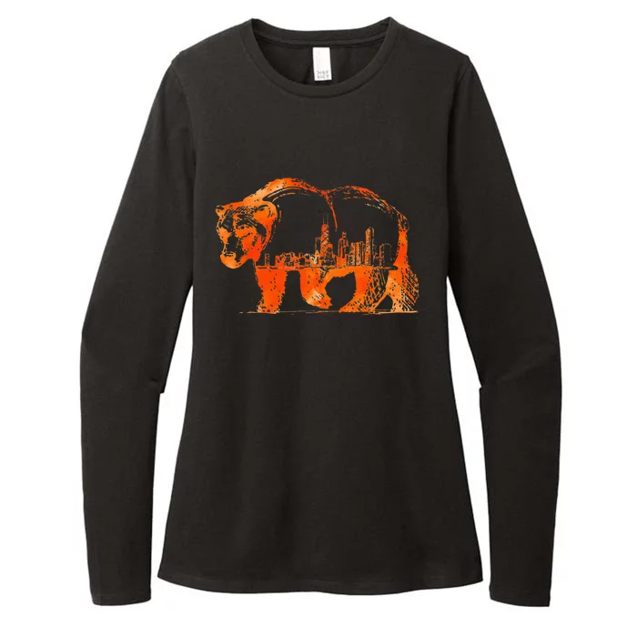 Walking Bear Silhouette Downtown Chicago City Skyline Gift Womens CVC Long Sleeve Shirt