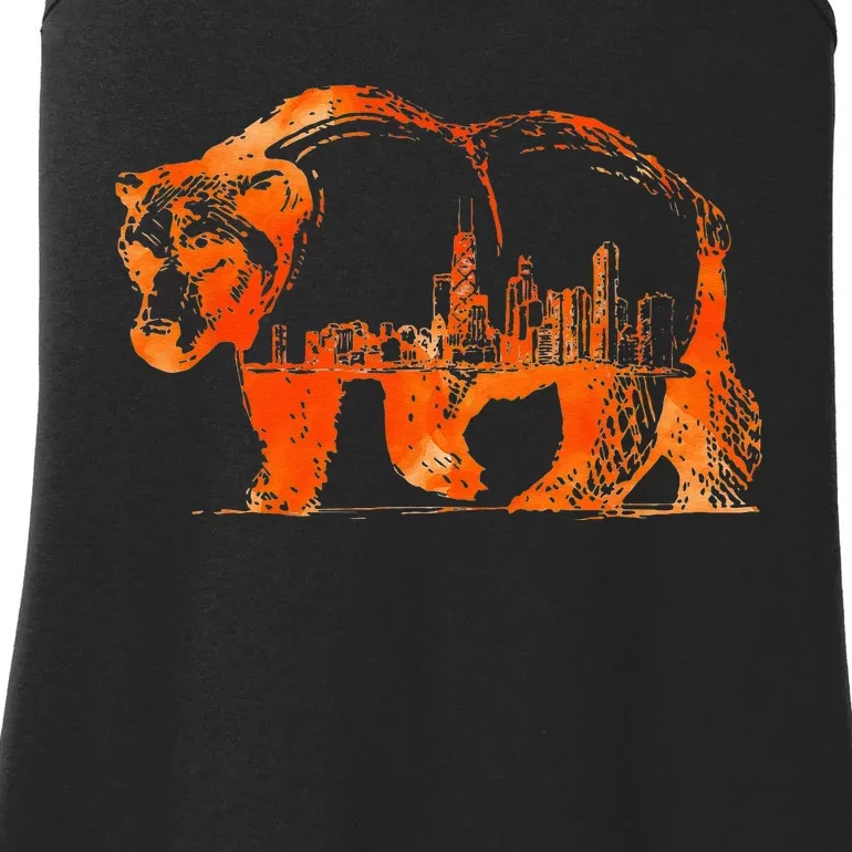 Walking Bear Silhouette Downtown Chicago City Skyline Gift Ladies Essential Tank