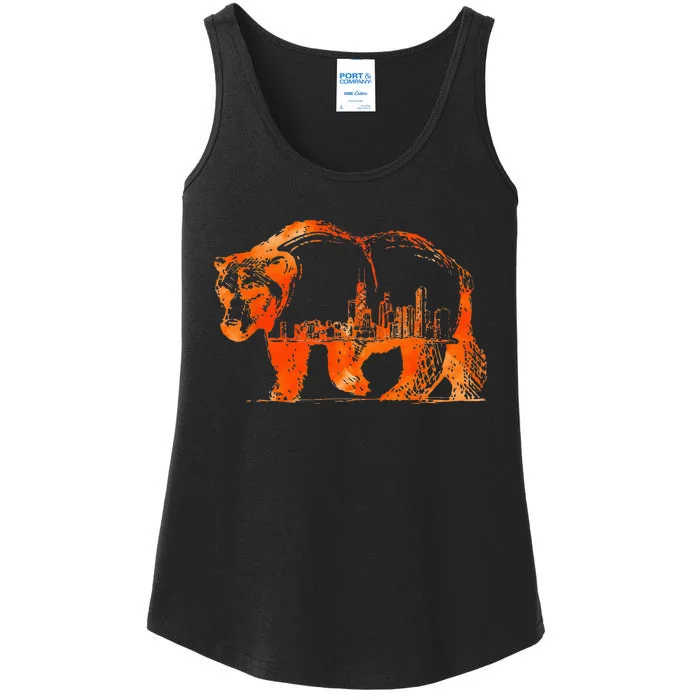 Walking Bear Silhouette Downtown Chicago City Skyline Gift Ladies Essential Tank