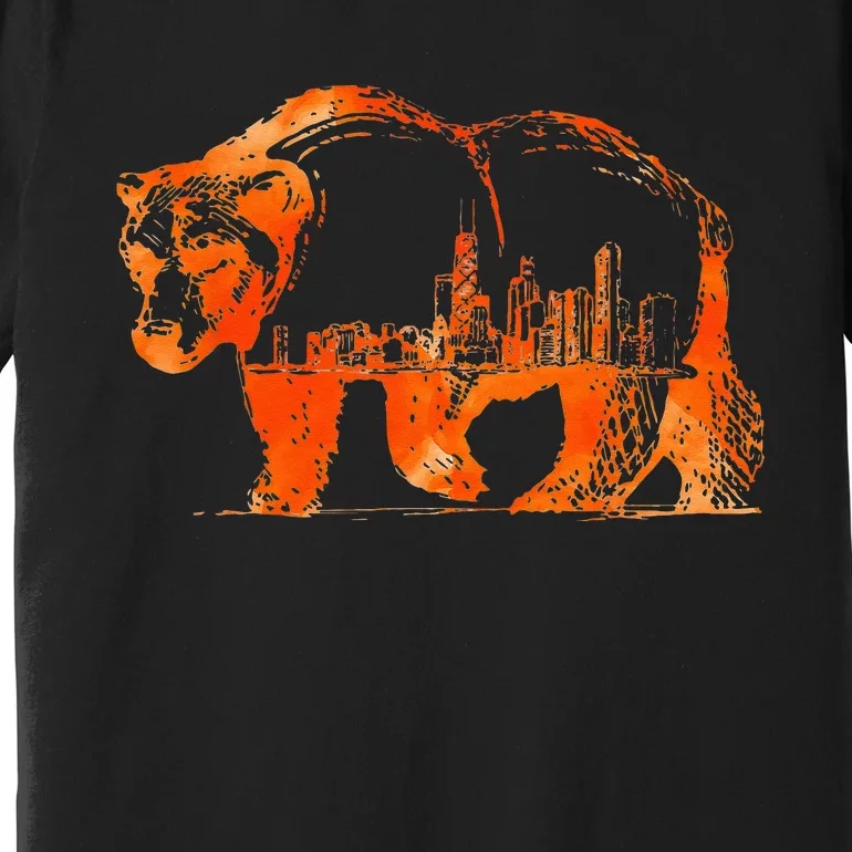 Walking Bear Silhouette Downtown Chicago City Skyline Gift Premium T-Shirt