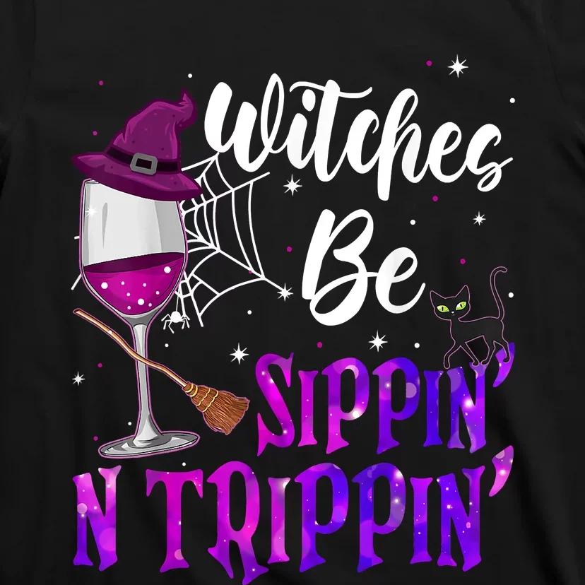 Witches Be Sippin N Trippin Halloween Drinking Funny Black Cat T-Shirt