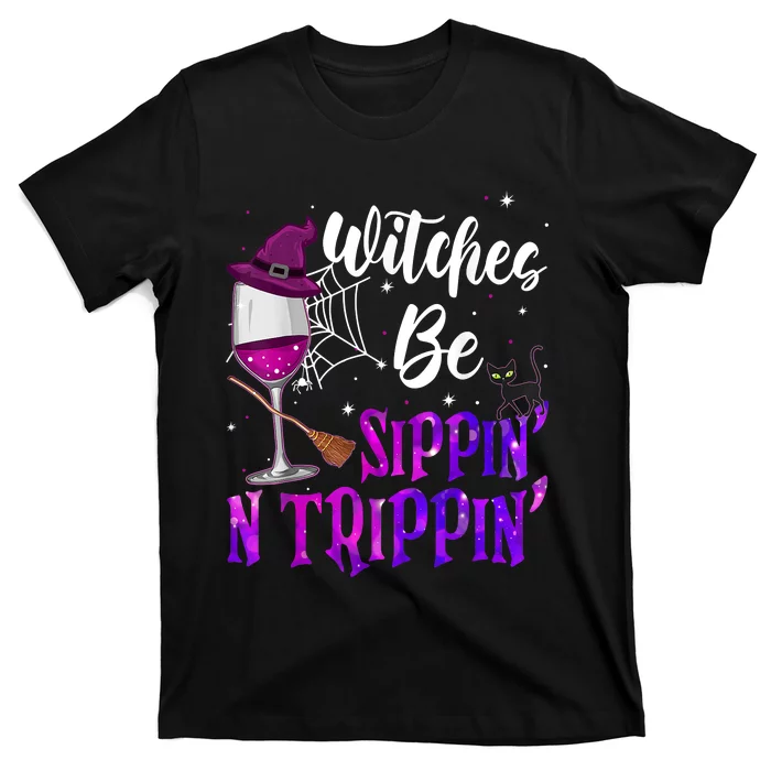 Witches Be Sippin N Trippin Halloween Drinking Funny Black Cat T-Shirt