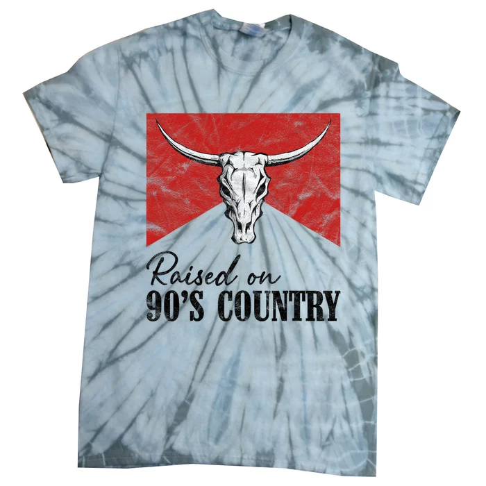 Western Bull Skull Raised On 90S Country Music Tie-Dye T-Shirt