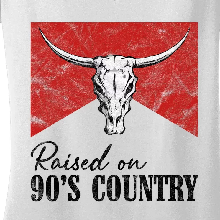 Western Bull Skull Raised On 90S Country Music Women's V-Neck T-Shirt