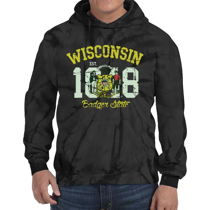 Wisconsin Badger State Flag Vintage Fade Tie Dye Hoodie