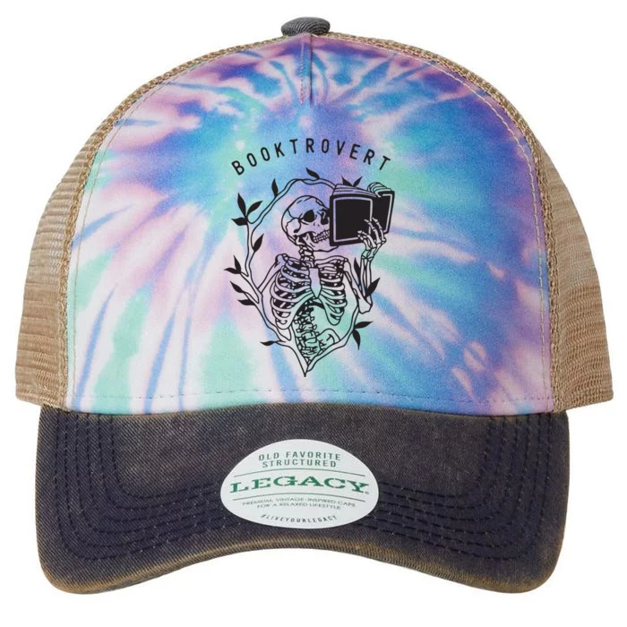 Womens Booktrovert Skeleton Reading Book Funny Bookish Legacy Tie Dye Trucker Hat