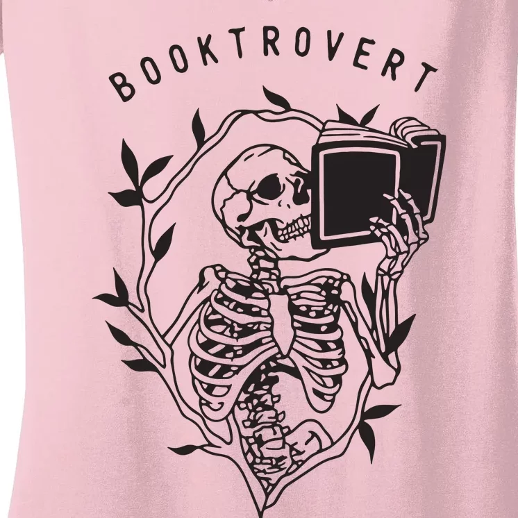 Womens Booktrovert Skeleton Reading Book Funny Bookish Women's V-Neck T-Shirt