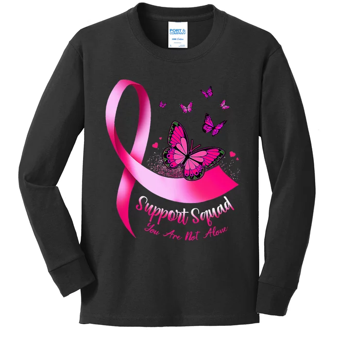 Woman Butterfly Support Squad Breast Cancer Warrior Pink Kids Long Sleeve Shirt