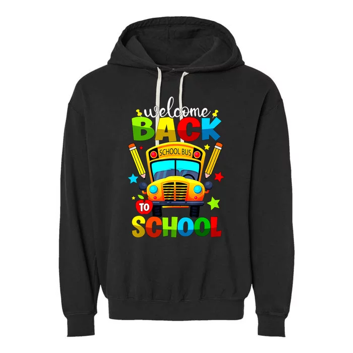 Welcome Back To School Bus Happy First Day Of School Student Garment-Dyed Fleece Hoodie