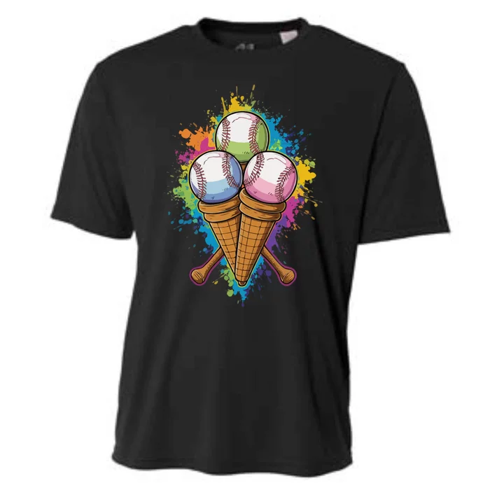 Watercolor Baseball Triple Scooped Ice Cream Baseball Lovers Funny Gift Cooling Performance Crew T-Shirt