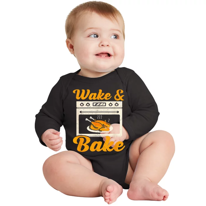 Wake Bake Turkey Feast Meal Dinner Chef Funny Thanksgiving Baby Long Sleeve Bodysuit