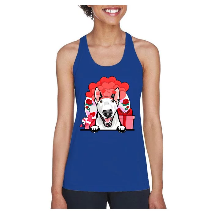 White Bull Terrier Valentines Day Dog Hearts Flowers Gift Women's Racerback Tank