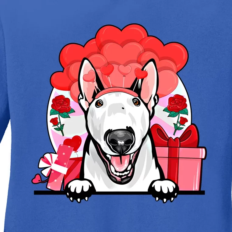 White Bull Terrier Valentines Day Dog Hearts Flowers Gift Ladies Long Sleeve Shirt