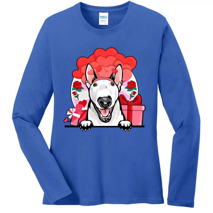 White Bull Terrier Valentines Day Dog Hearts Flowers Gift Ladies Long Sleeve Shirt