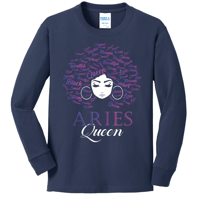 Womens Black Womens Afro Hair Aries Queen Birthday Gift Kids Long Sleeve Shirt