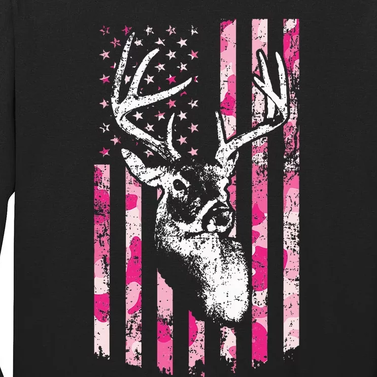 Whitetail Buck Women Deer Hunting Pink Camo American Flag Tall Long Sleeve T-Shirt