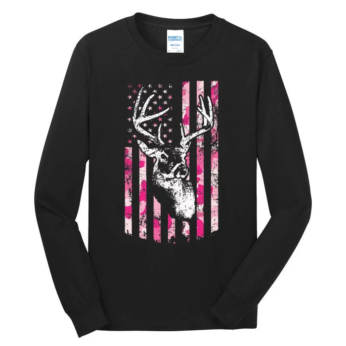 Whitetail Buck Women Deer Hunting Pink Camo American Flag Tall Long Sleeve T-Shirt