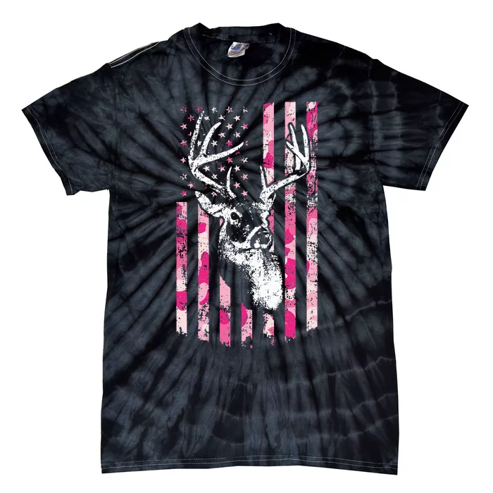 Whitetail Buck Women Deer Hunting Pink Camo American Flag Tie-Dye T-Shirt