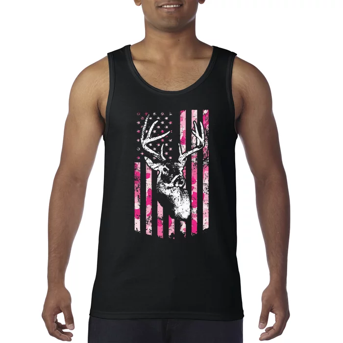 Whitetail Buck Women Deer Hunting Pink Camo American Flag Tank Top