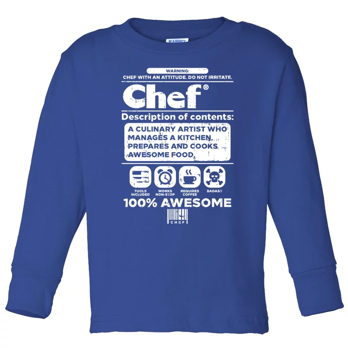 Warning Chef 100% Awesome Culinary Artist Gift Funny Gift Toddler Long Sleeve Shirt