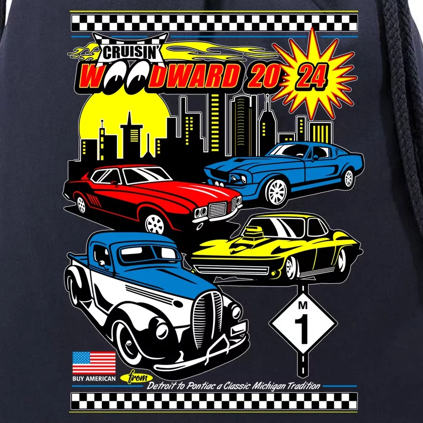 Woodward Cruise 2024 Classic Cars Cruising Downtown Skyline Drawstring Bag