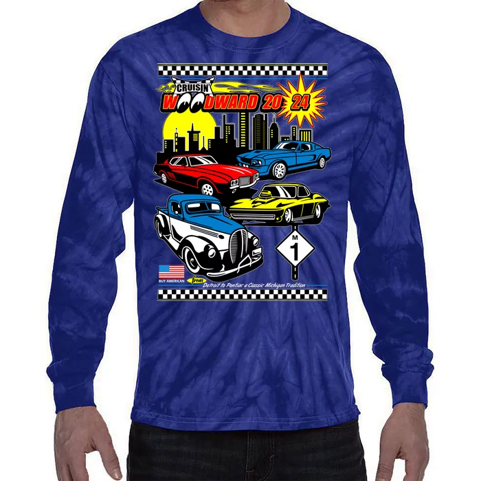 Woodward Cruise 2024 Classic Cars Cruising Downtown Skyline Tie-Dye Long Sleeve Shirt