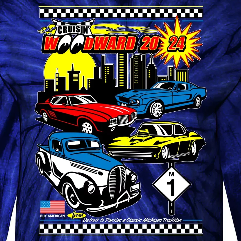 Woodward Cruise 2024 Classic Cars Cruising Downtown Skyline Tie-Dye Long Sleeve Shirt