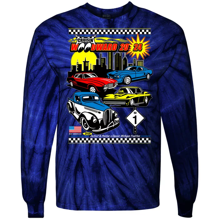 Woodward Cruise 2024 Classic Cars Cruising Downtown Skyline Tie-Dye Long Sleeve Shirt