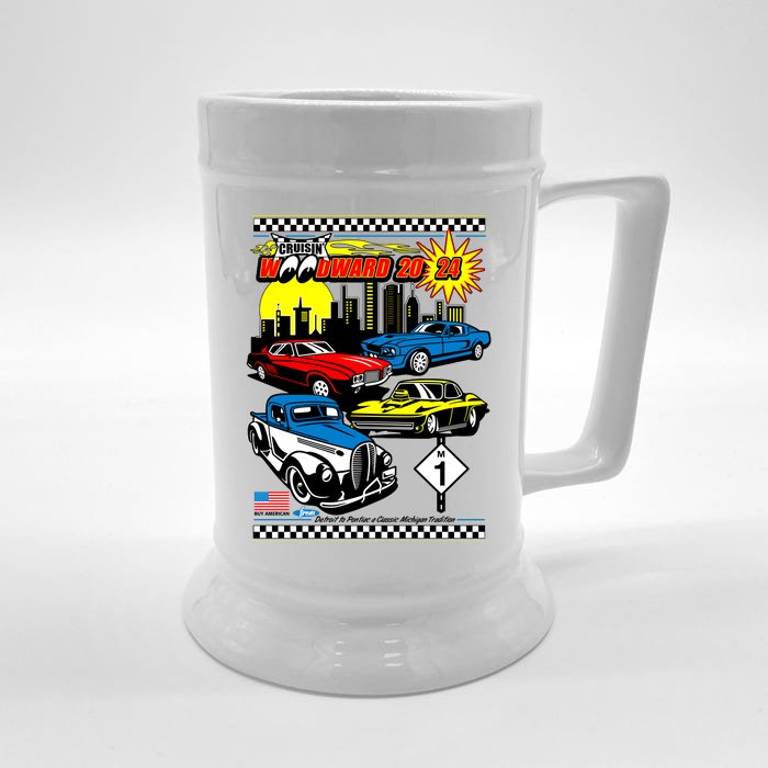 Woodward Cruise 2024 Classic Cars Cruising Downtown Skyline Front & Back Beer Stein