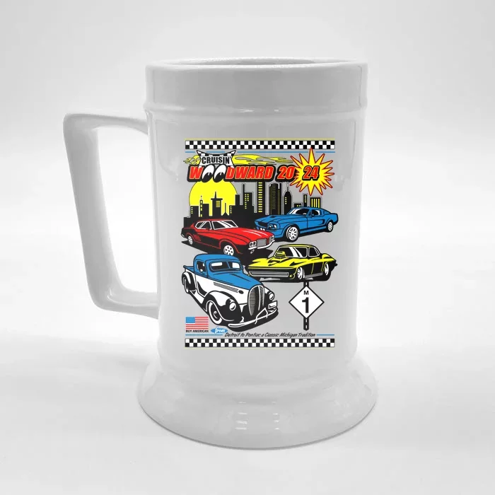 Woodward Cruise 2024 Classic Cars Cruising Downtown Skyline Front & Back Beer Stein