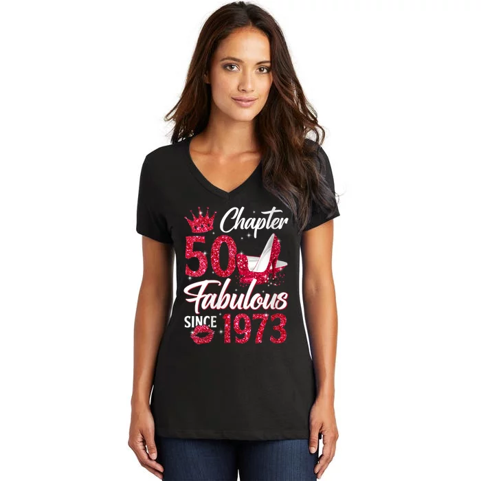 WoM.e.n.s Chapter 50 Fabulous Since 1973 50th Birthday Queen Diamond V-Neck Women's V-Neck T-Shirt