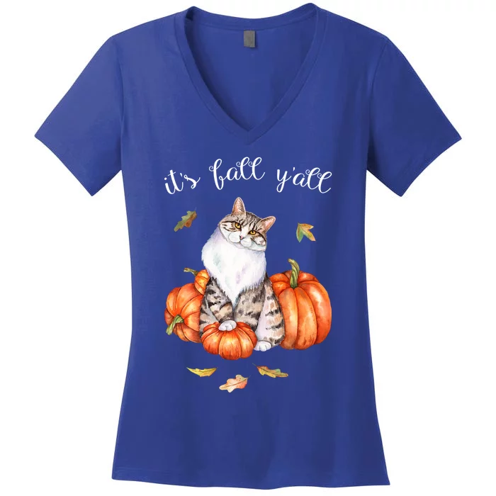 Watercolor Cat Art Autumn Its Fall Yall Cat Lover Funny Gift Women's V-Neck T-Shirt