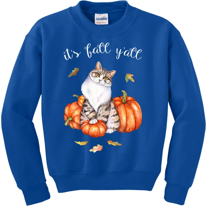 Watercolor Cat Art Autumn Its Fall Yall Cat Lover Funny Gift Kids Sweatshirt