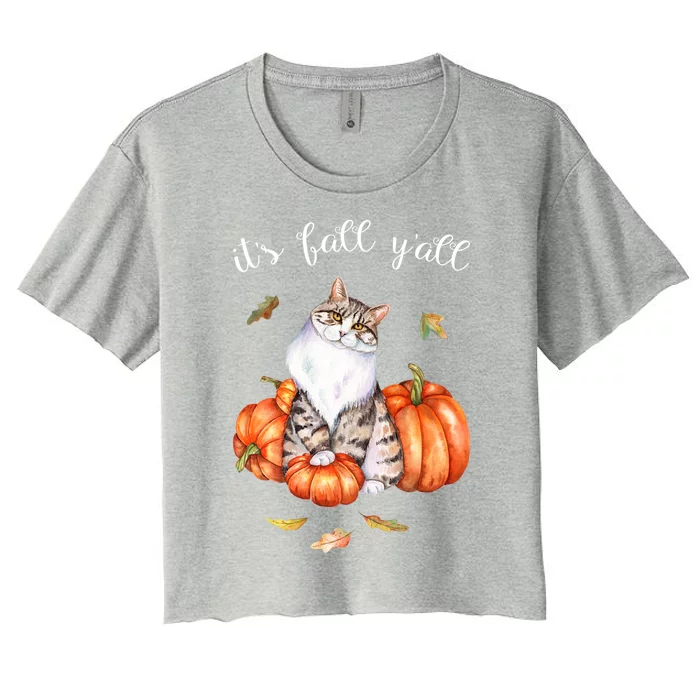 Watercolor Cat Art Autumn Its Fall Yall Cat Lover Funny Gift Women's Crop Top Tee