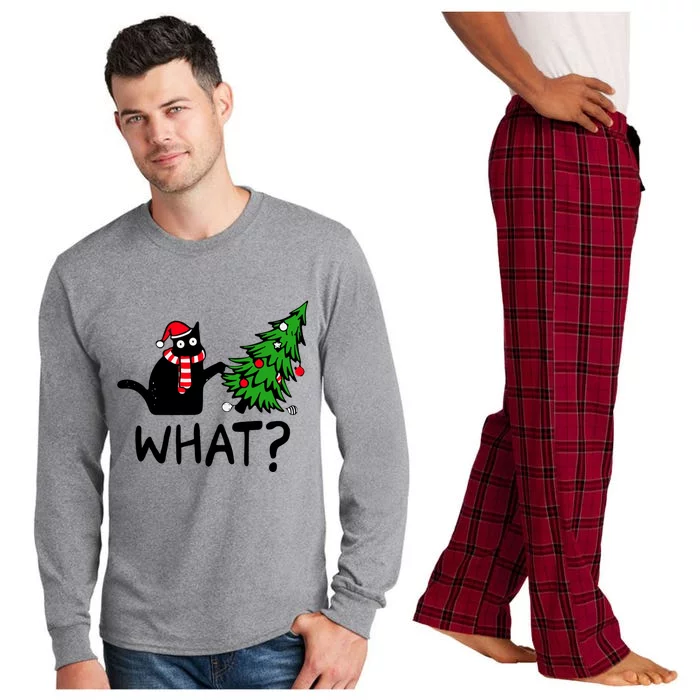 What Christmas Black Cat Pushing Christmas Tree Funny Cat Cool Gift Long Sleeve Pajama Set