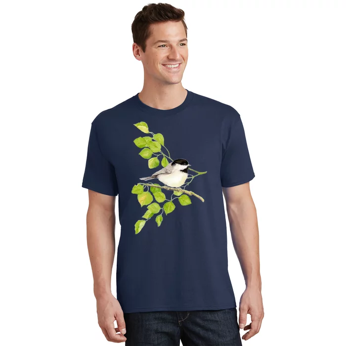 Watercolor Chickadee Bird In Poplar Tree Baseball ¾ Sleeve T-Shirt