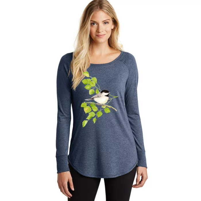 Watercolor Chickadee Bird In Poplar Tree Baseball ¾ Sleeve Women's Perfect Tri Tunic Long Sleeve Shirt