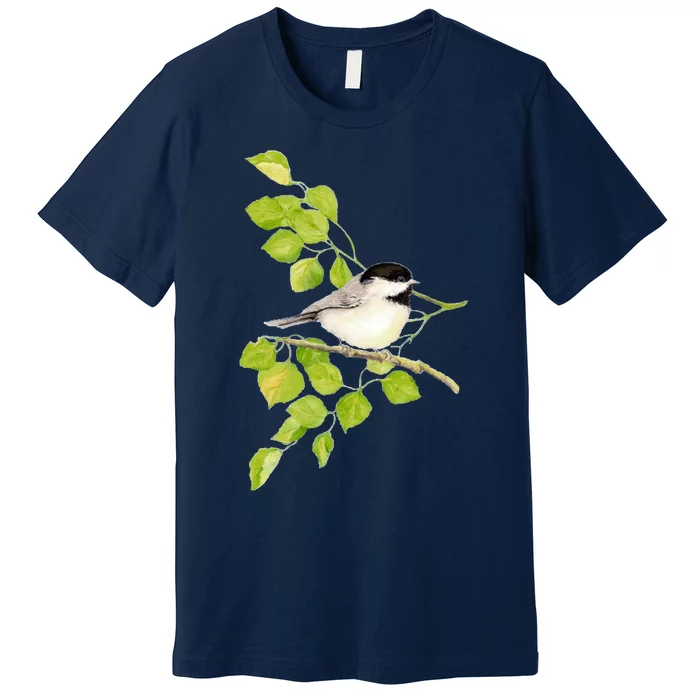 Watercolor Chickadee Bird In Poplar Tree Baseball ¾ Sleeve Premium T-Shirt