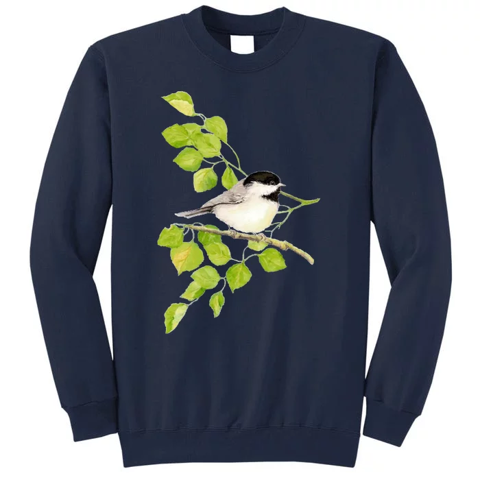 Watercolor Chickadee Bird In Poplar Tree Baseball ¾ Sleeve Tall Sweatshirt