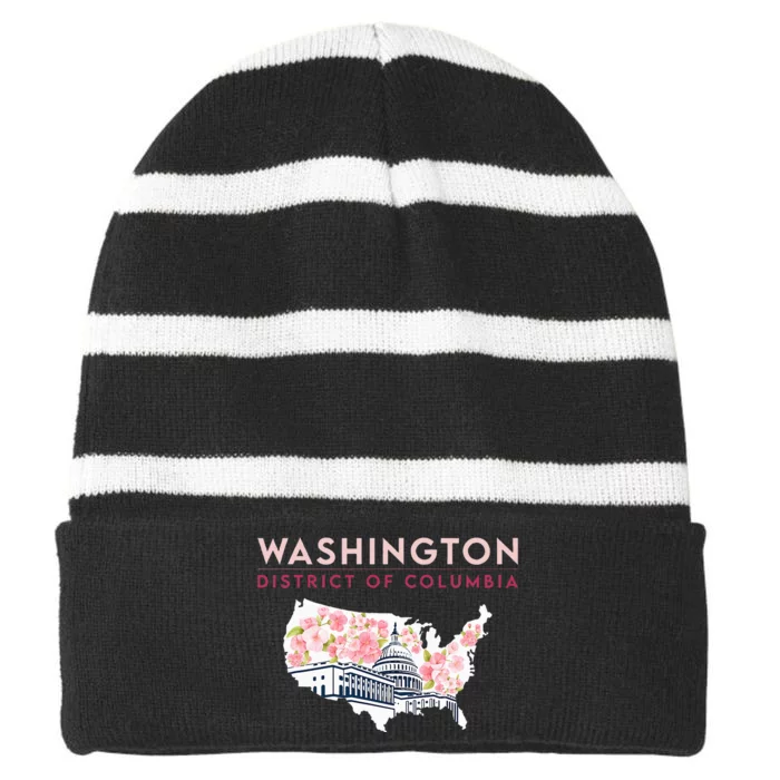 Washington Capitol Building With Cherry Blossom In Us Map Striped Beanie with Solid Band