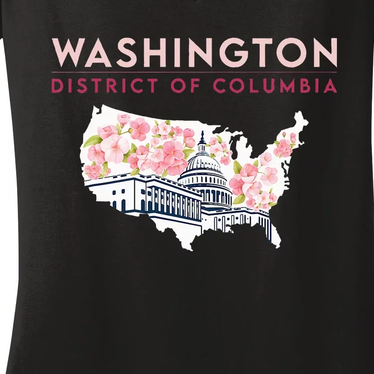 Washington Capitol Building With Cherry Blossom In Us Map Women's V-Neck T-Shirt