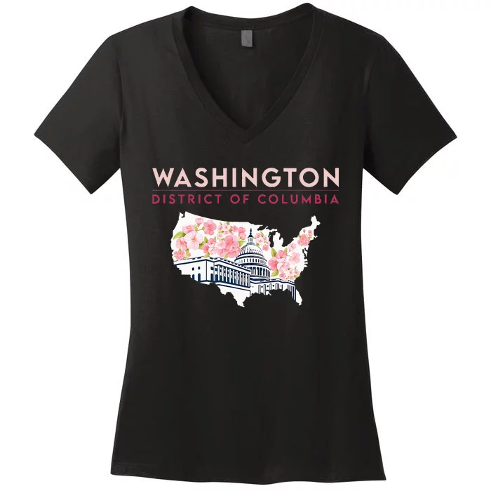 Washington Capitol Building With Cherry Blossom In Us Map Women's V-Neck T-Shirt