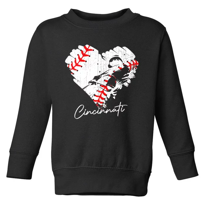 Womens Cincinnati Baseball Heart Distressed Vintage Baseball Toddler Sweatshirt